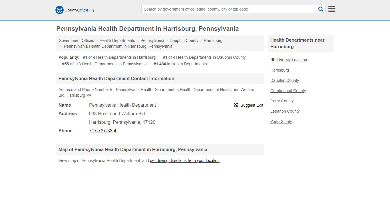 Pennsylvania Health Department in Harrisburg, Pennsylvania - County Office